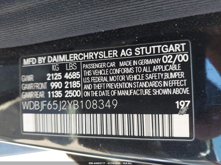 2000 Mercedes-benz E-class VIN WDBJF65J2YB108349 IAAI salvage auction — FRONT & REAR, Salvage (Georgia), sold $400 on 2026-07-16 (photo 9)