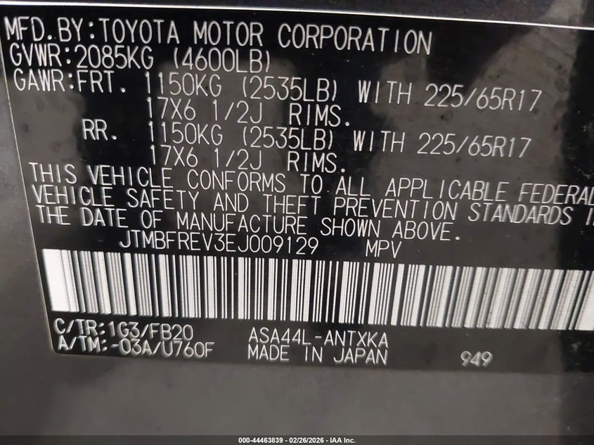 2014 Toyota Rav 4 VIN JTMBFREV3EJ009129 IAAI salvage auction — LEFT FRONT, Salvage Title, sold $4,100 on 2026-07-29 (photo 9)