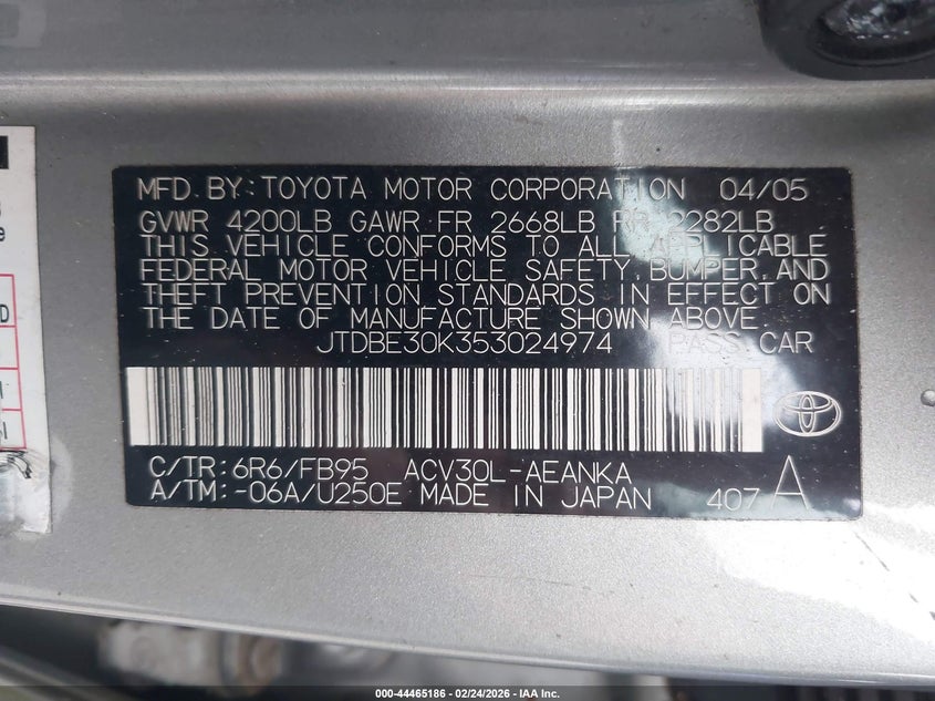 2005 Toyota Camry VIN JTDBE30K353024974 IAAI salvage auction — FRONT END, Clear (Washington), sold $500 on 2026-07-29 (photo 9)