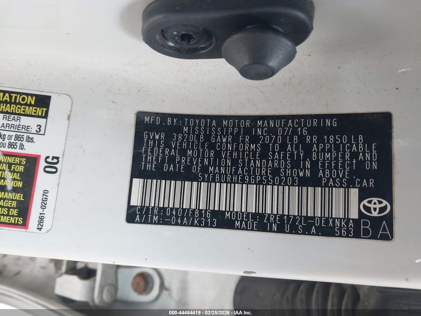 2016 Toyota Corolla VIN 5YFBURHE9GP550203 IAAI salvage auction — REAR END, Salvage Title, sold $2,050 on 2026-07-14 (photo 9)