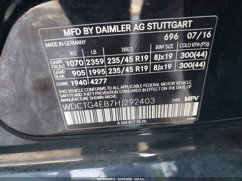 2017 Mercedes-benz Gla-klasse VIN WDCTG4EB7HJ292403 IAAI salvage auction — RIGHT SIDE, Salvage Title, sold $2,950 on 2026-07-29 (photo 9)