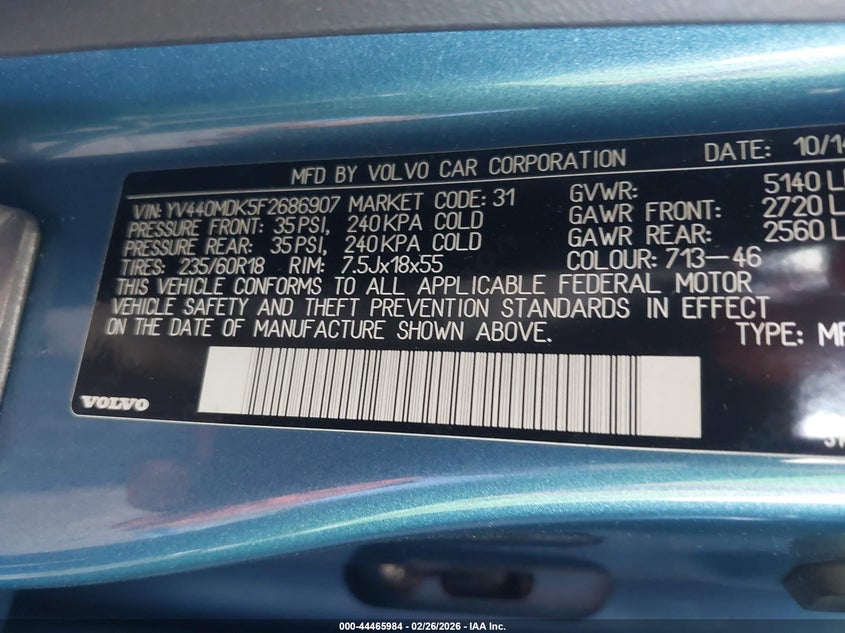 2015 Volvo Xc60 VIN YV440MDK5F2686907 IAAI salvage auction — ENGINE BURN, Salvage Title, sold $200 on 2026-07-07 (photo 9)