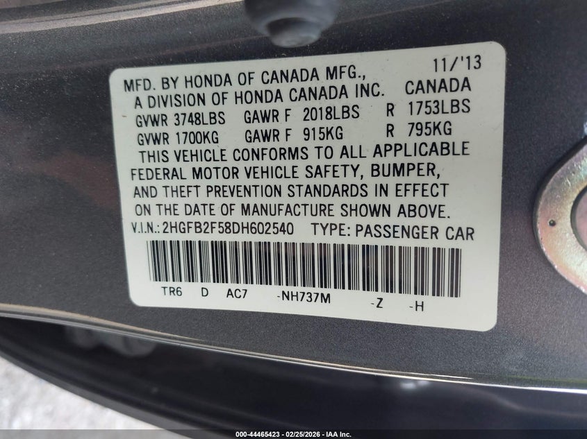 2013 Honda Civic VIN 2HGFB2F58DH602540 IAAI salvage auction — FRONT END, Salvage Title, sold $300 on 2026-07-21 (photo 9)