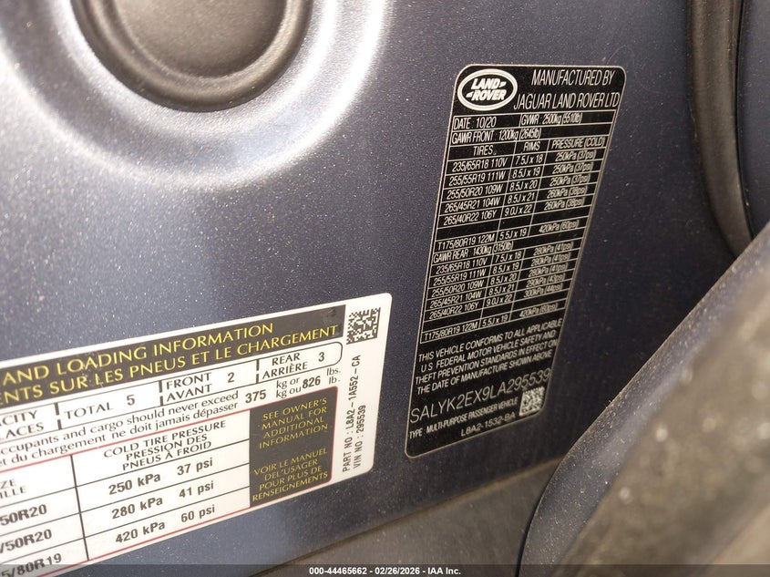 2020 Land rover Range rover velar VIN SALYK2EX9LA295539 IAAI salvage auction — FRONT END, Salvage (New Jersey), sold $5,050 on 2026-07-29 (photo 9)
