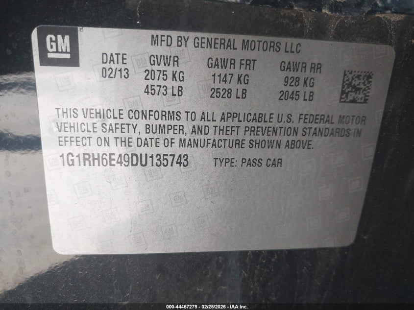 2013 Chevrolet Volt VIN 1G1RH6E49DU135743 IAAI salvage auction — NORMAL WEAR, Salvage Title, sold $1,350 on 2026-07-26 (photo 9)