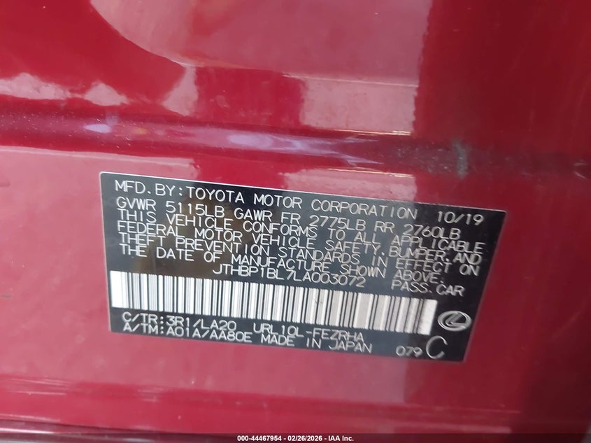 2020 Lexus Gs-f VIN JTHBP1BL7LA003072 IAAI salvage auction — FRONT END, Salvage (Colorado), sold $12,375 on 2026-07-30 (photo 9)