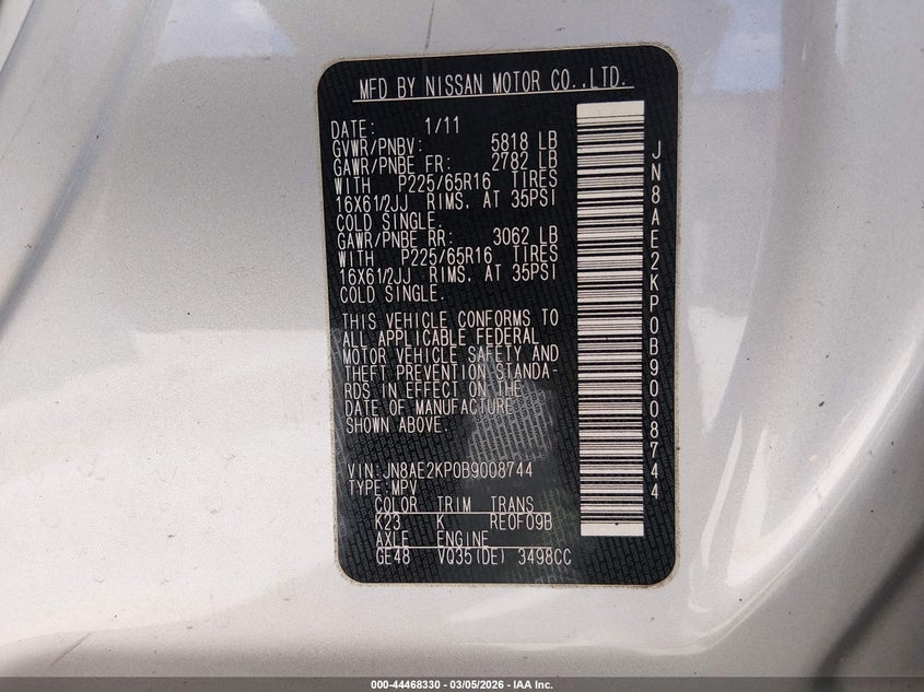 2011 Nissan Quest VIN JN8AE2KP0B9008744 IAAI salvage auction — RIGHT REAR, Clear (Florida), sold $325 on 2026-07-05 (photo 9)