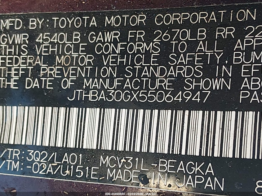 2005 Lexus ES VIN JTHBA30GX55064947 IAAI salvage auction — FRONT & REAR, Salvage (Massachusetts), sold $550 on 2026-07-07 (photo 9)