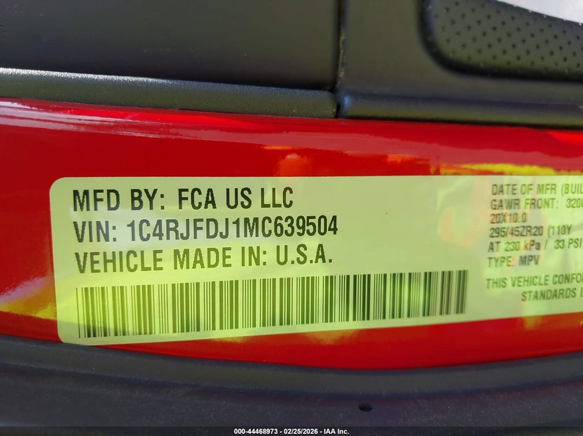2021 Jeep Grand cherokee VIN 1C4RJFDJ1MC639504 IAAI salvage auction — THEFT, Wait Title, sold $11,850 on 2026-08-07 (photo 9)
