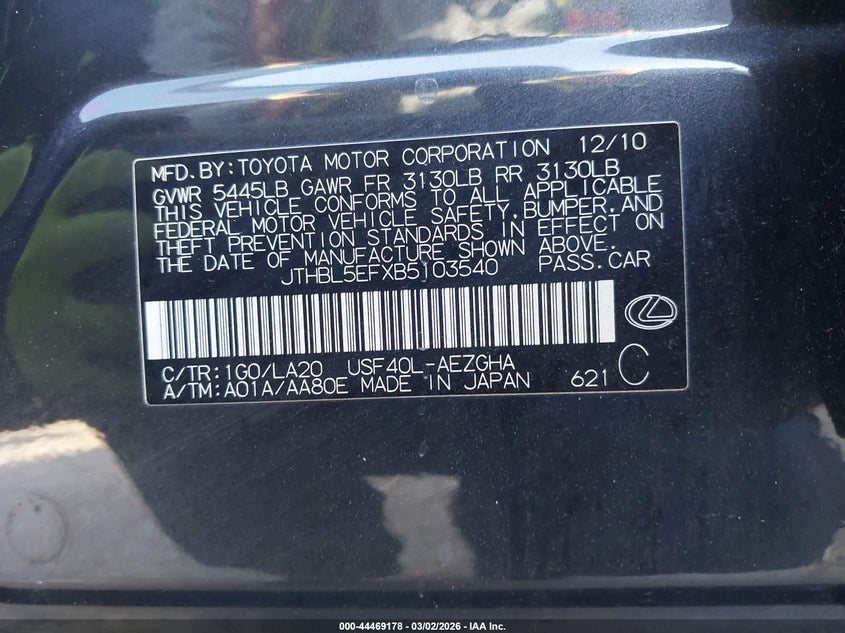 2011 Lexus Ls VIN JTHBL5EFXB5103540 IAAI salvage auction — LEFT FRONT, Salvage (California), sold $1,800 on 2026-07-29 (photo 9)