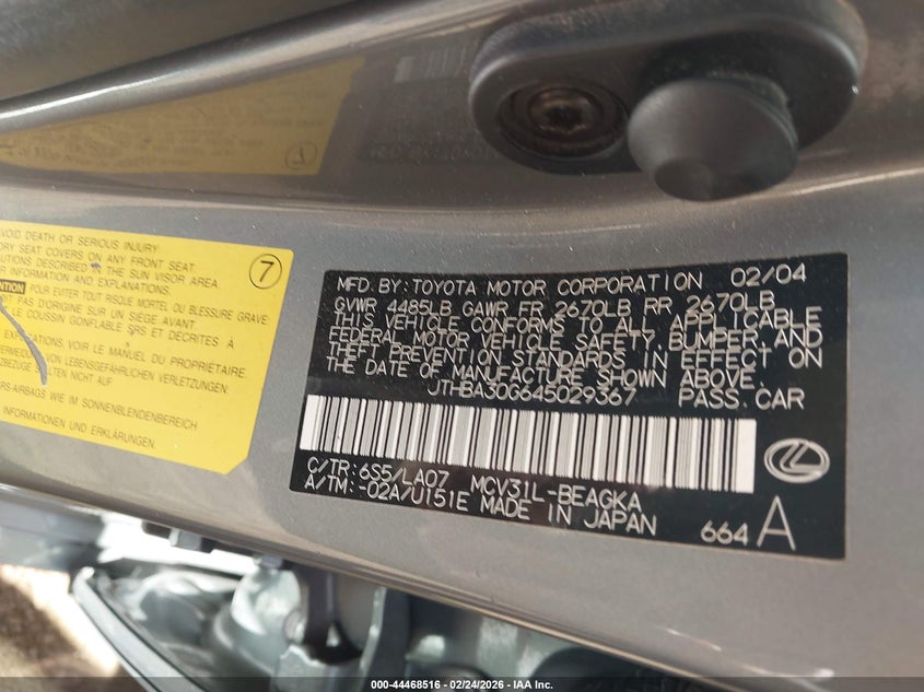 2004 Lexus Es 330 VIN JTHBA30G645029367 IAAI salvage auction — FRONT END, Salvage (Arizona), sold $475 on 2026-07-14 (photo 9)