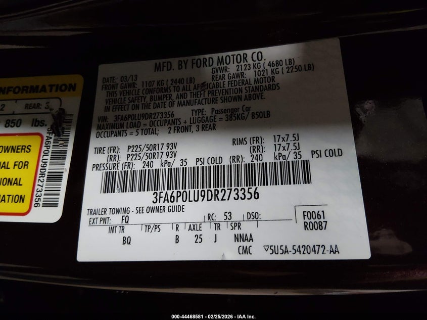 2013 Ford Fusion VIN 3FA6P0LU9DR273356 IAAI salvage auction — SIDE, Salvage Title, sold $1,050 on 2026-07-19 (photo 9)