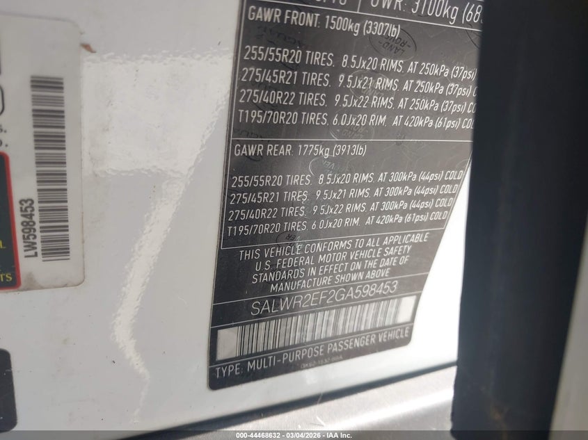 2016 Land rover Range rover sport VIN SALWR2EF2GA598453 IAAI salvage auction — LEFT SIDE, Salvage Title, sold $4,025 on 2026-07-28 (photo 9)