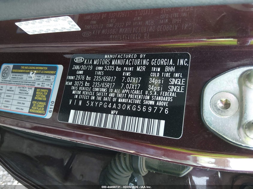 2019 Kia Sorento VIN 5XYPG4A30KG569776 IAAI salvage auction — RIGHT REAR, Clear (Oklahoma), sold $1,600 on 2026-07-14 (photo 9)