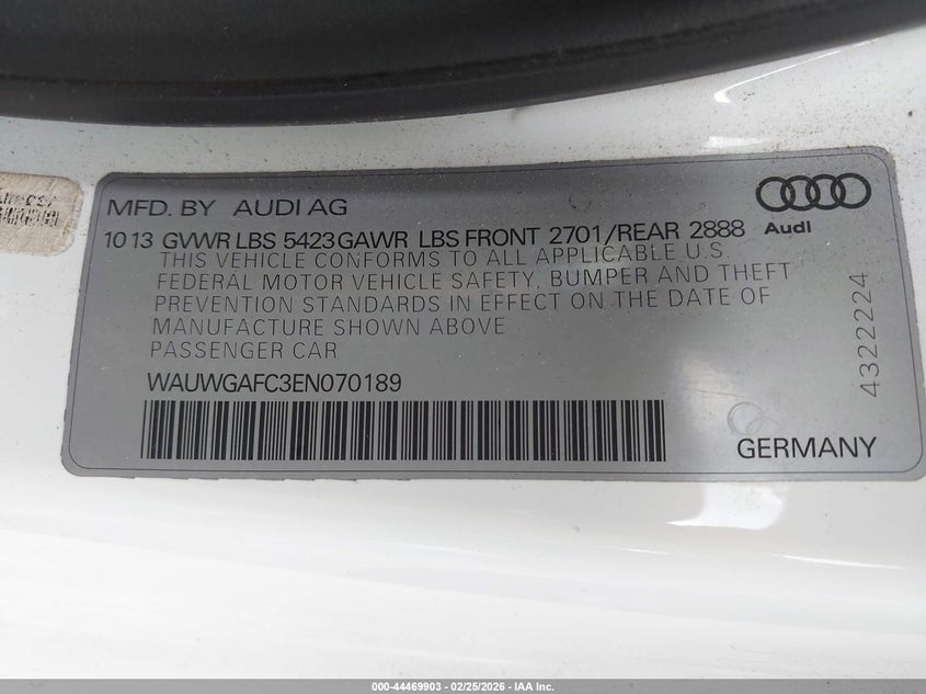 2014 Audi A7 VIN WAUWGAFC3EN070189 IAAI salvage auction — FRONT END, Salvage Title, sold $1,250 on 2026-07-16 (photo 9)