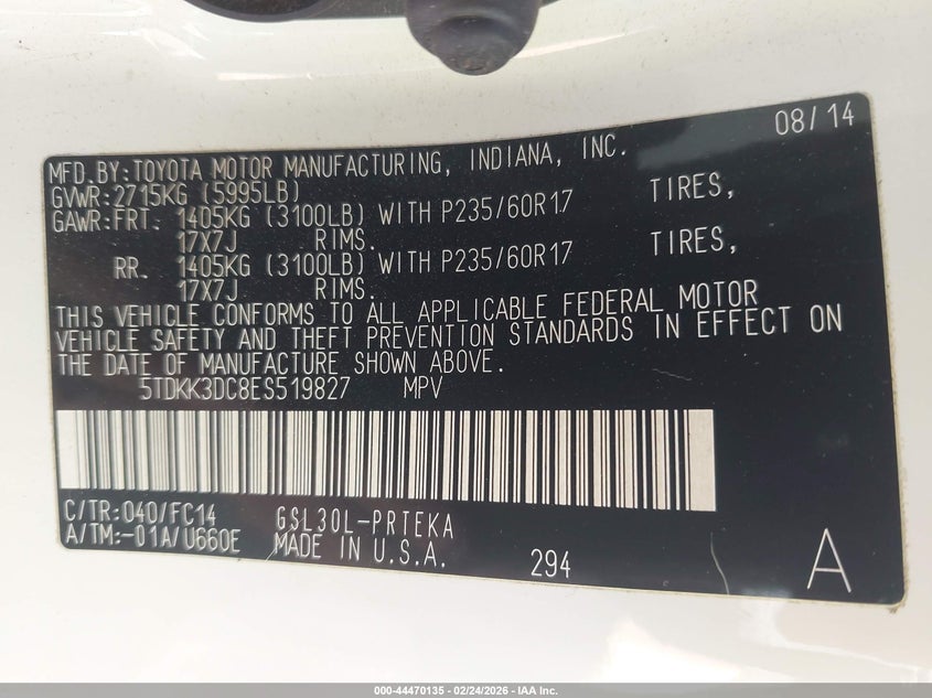 2014 Toyota Sienna VIN 5TDKK3DC8ES519827 IAAI salvage auction — RIGHT FRONT, Salvage Title, sold $1,400 on 2026-07-14 (photo 9)