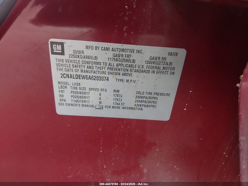 2010 Chevrolet Equinox VIN 2CNALDEW6A6203074 IAAI salvage auction — FRONT END, Salvage (California), sold $350 on 2026-07-09 (photo 9)