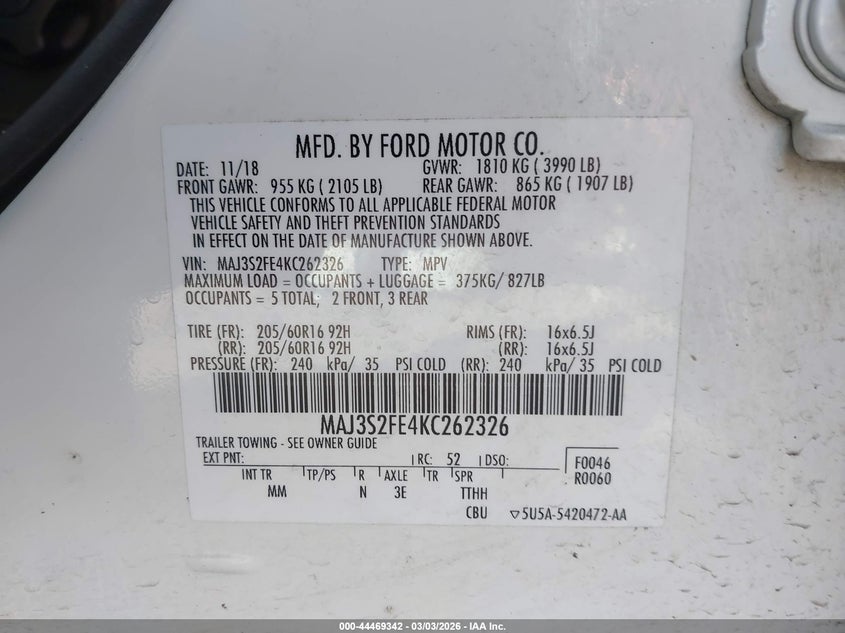 2019 Ford Ecosport VIN MAJ3S2FE4KC262326 IAAI salvage auction — REAR END, Original (Texas), sold $1,600 on 2026-07-30 (photo 9)