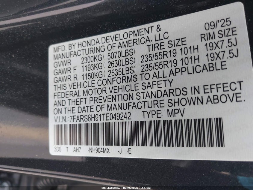 2026 Honda Cr-v VIN 7FARS6H91TE049242 IAAI salvage auction — REAR END, Salvage (California), sold $20,100 on 2026-07-29 (photo 9)