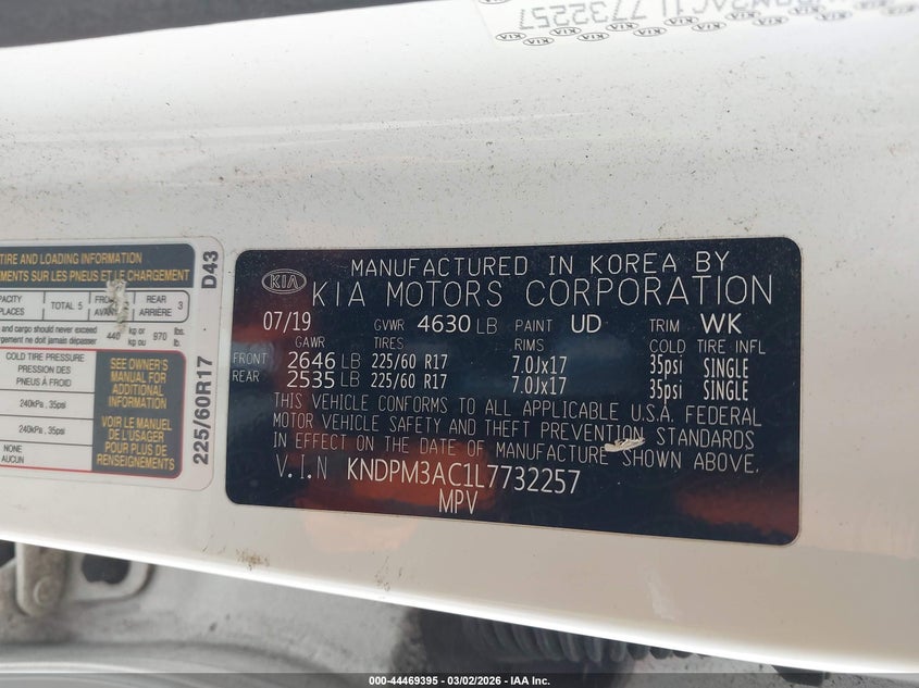 2020 Kia Sportage VIN KNDPM3AC1L7732257 IAAI salvage auction — FRONT END, Salvage Title, sold $3,075 on 2026-07-31 (photo 9)