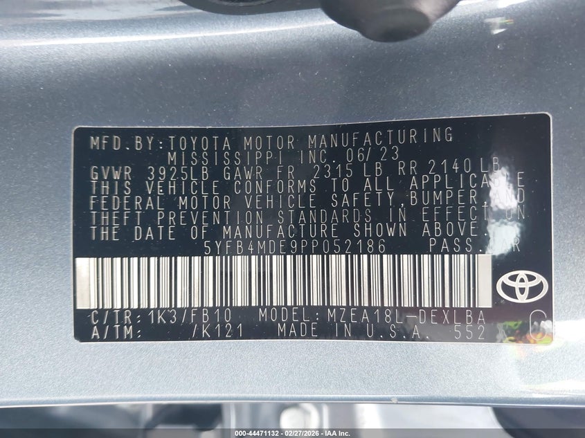 2023 Toyota Corolla VIN 5YFB4MDE9PP052186 IAAI salvage auction — REAR END, Salvage Title, sold $5,750 on 2026-07-16 (photo 9)