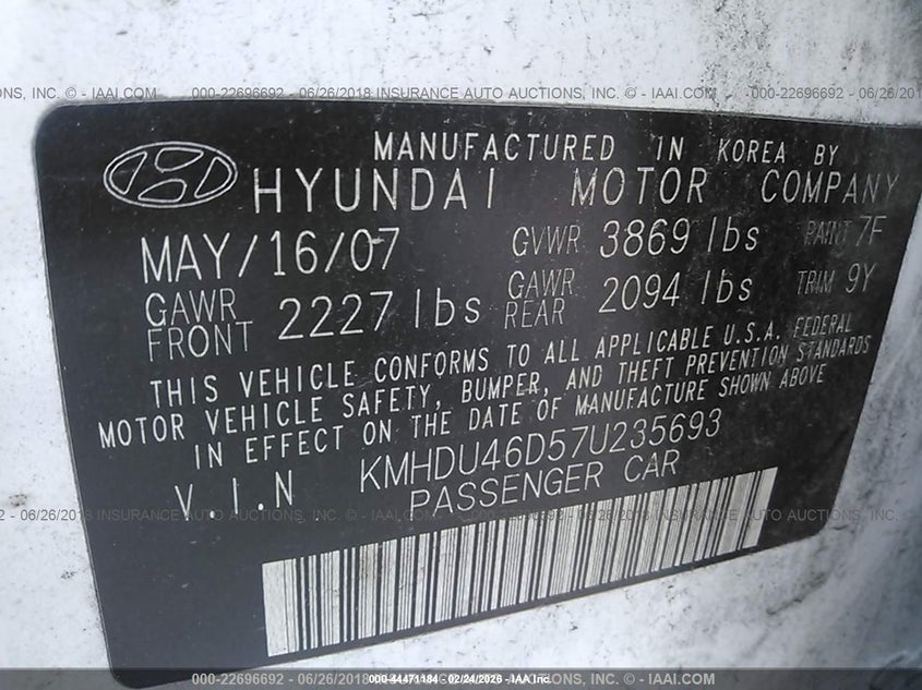 2007 Hyundai Elantra VIN KMHDU46D57U235693 IAAI salvage auction — FRONT END, Salvage (Texas), sold $25 on 2026-07-22 (photo 9)
