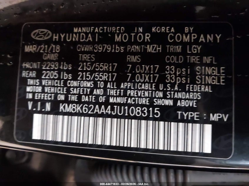 2018 Hyundai Kona VIN KM8K62AA4JU108315 IAAI salvage auction — FRONT END, Salvage Title, sold $2,100 on 2026-07-06 (photo 9)
