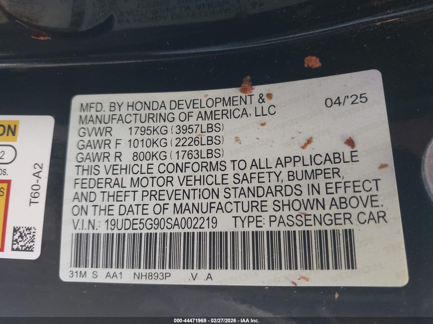 2025 Acura Integra VIN 19UDE5G90SA002219 IAAI salvage auction — FRONT END, Salvage Title, sold $24,100 on 2026-07-30 (photo 9)