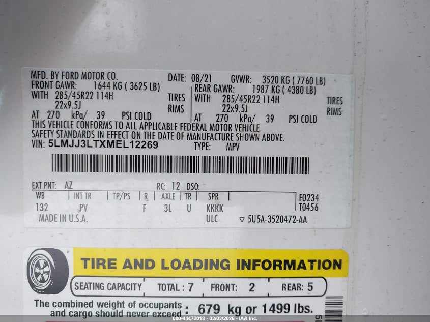 2021 Lincoln Navigator VIN 5LMJJ3LTXMEL12269 IAAI salvage auction — FRONT END, Salvage Title, sold $7,100 on 2026-07-28 (photo 9)