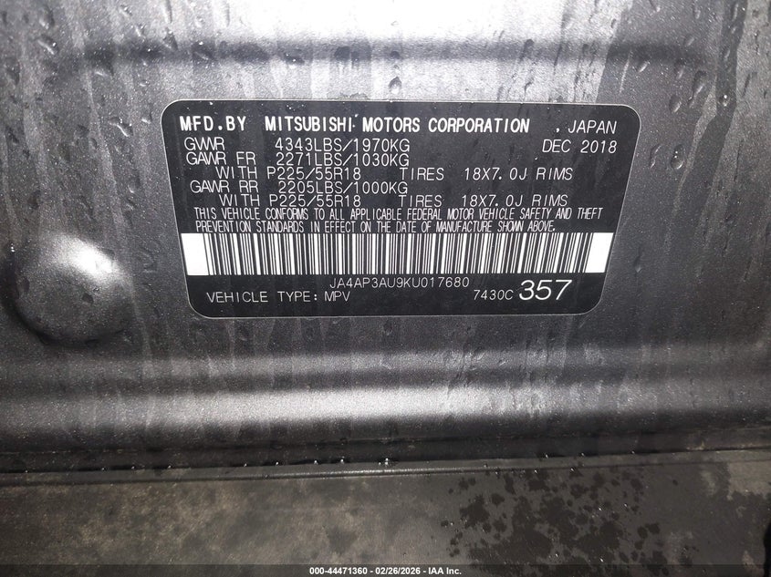 2019 Mitsubishi Outlander VIN JA4AP3AU9KU017680 IAAI salvage auction — RIGHT FRONT, Salvage Title, sold $2,450 on 2026-08-03 (photo 9)