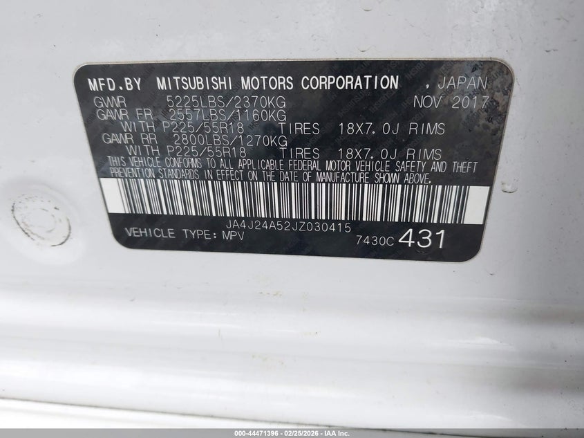 2018 Mitsubishi Outlander VIN JA4J24A52JZ030415 IAAI salvage auction — RIGHT FRONT, Salvage (Pennsylvania), sold $6,200 on 2026-07-08 (photo 9)