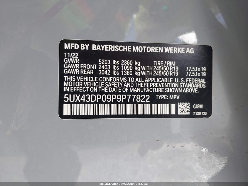 2023 BMW X3 VIN 5UX43DP09P9P77822 IAAI salvage auction — FRONT END, Original (Texas), sold $10,400 on 2026-07-09 (photo 9)