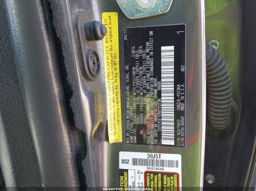 2011 Toyota Tundra VIN 5TFEY5F17BX112736 IAAI salvage auction — FRONT END, Clear (Oklahoma), sold $3,050 on 2026-07-10 (photo 9)