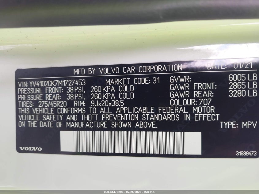 2021 Volvo Xc90 VIN YV4102CK7M1727453 IAAI salvage auction — RIGHT REAR, Salvage (Georgia), sold $11,300 on 2026-07-09 (photo 9)