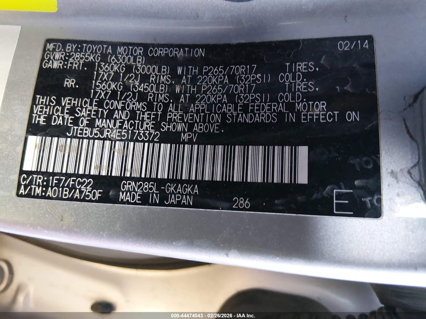 2014 Toyota 4runner VIN JTEBU5JR4E5173372 IAAI salvage auction — FRONT END, Salvage (Colorado), sold $5,100 on 2026-07-28 (photo 9)