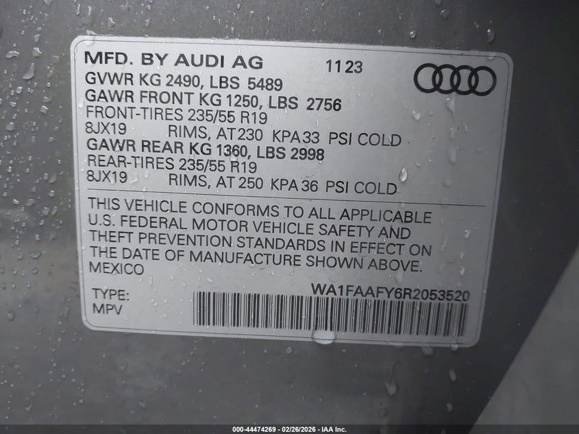 2024 Audi Q5 VIN WA1FAAFY6R2053520 IAAI salvage auction — FRONT END, Salvage Title, sold $18,700 on 2026-07-09 (photo 9)