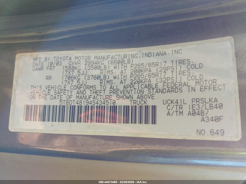 2004 Toyota Tundra VIN 5TBDT48194S434510 IAAI salvage auction — REAR END, Salvage (California), sold $3,300 on 2026-07-08 (photo 9)