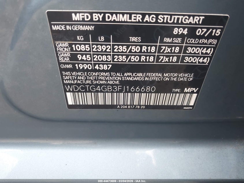 2015 Mercedes-benz Gla-klasse VIN WDCTG4GB3FJ166680 IAAI salvage auction — SIDE, Salvage Title, sold $3,325 on 2026-08-19 (photo 9)