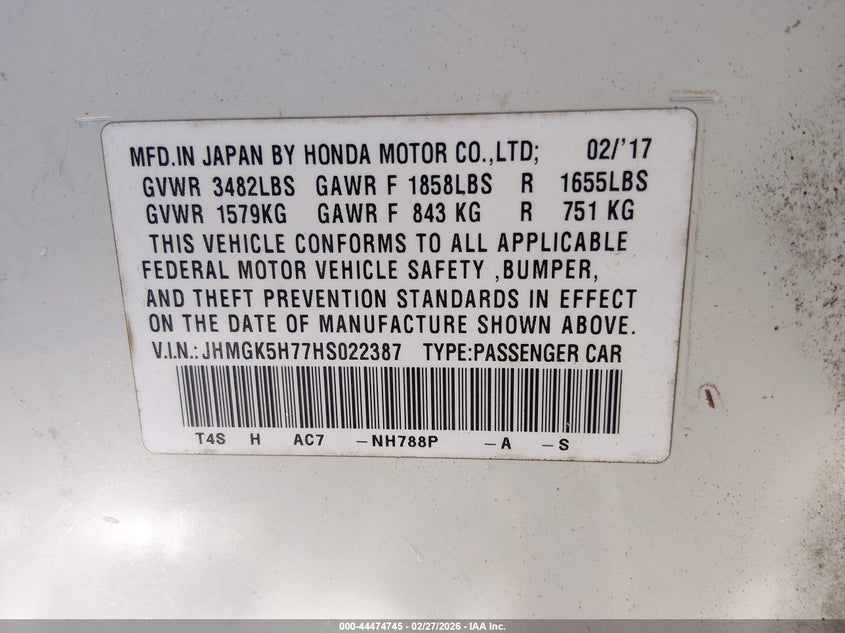 2017 Honda Fit VIN JHMGK5H77HS022387 IAAI salvage auction — RIGHT SIDE, Clear (Arkansas), sold $8,100 on 2026-07-29 (photo 9)