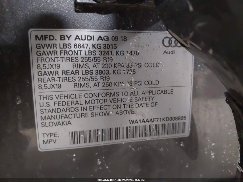 2019 Audi Q7 VIN WA1AAAF71KD008805 IAAI salvage auction — LEFT SIDE, Salvage Title, sold $525 on 2026-07-27 (photo 9)