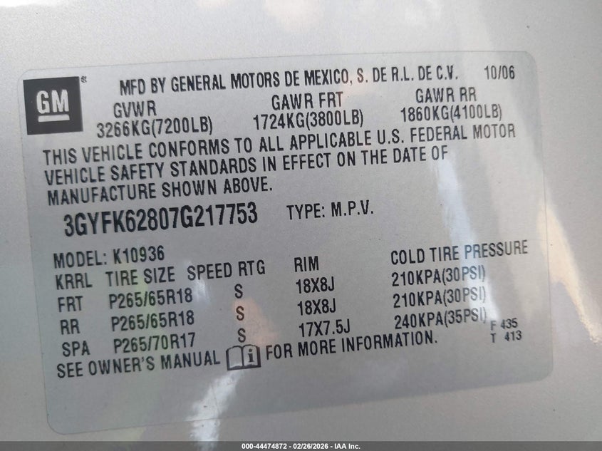 2007 Cadillac Escalade ext VIN 3GYFK62807G217753 IAAI salvage auction — ENGINE BURN, Salvage (California), sold $525 on 2026-07-09 (photo 9)