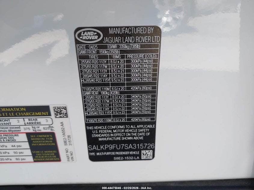 2025 Land rover RANGE ROVER VIN SALKP9FU7SA315726 IAAI salvage auction — RIGHT SIDE, Salvage Title, sold $62,250 on 2026-07-06 (photo 9)