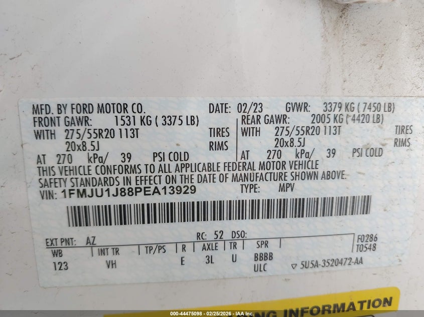 2023 Ford Expedition VIN 1FMJU1J88PEA13929 IAAI salvage auction — FRONT END, Clear (Oklahoma), sold $12,000 on 2026-07-28 (photo 9)