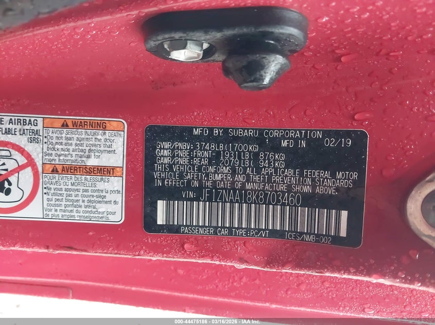 2019 Toyota Gt86 VIN JF1ZNAA18K8703460 IAAI salvage auction — FRONT END, Salvage Title, sold $450 on 2026-07-14 (photo 9)
