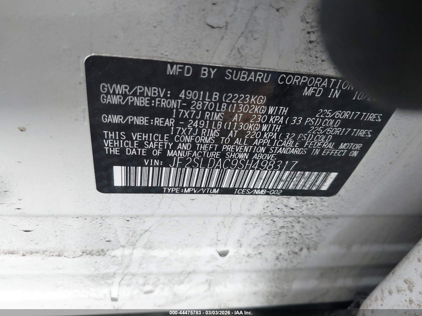 2025 Subaru Forester VIN JF2SLDAC9SH498317 IAAI salvage auction — FRONT & REAR, Salvage Title, sold $4,550 on 2026-07-14 (photo 9)