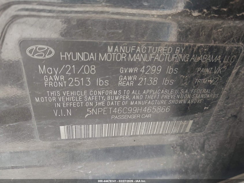 2009 Hyundai Sonata VIN 5NPET46C99H465866 IAAI salvage auction — REAR END, Original (Texas), sold $150 on 2026-07-07 (photo 9)