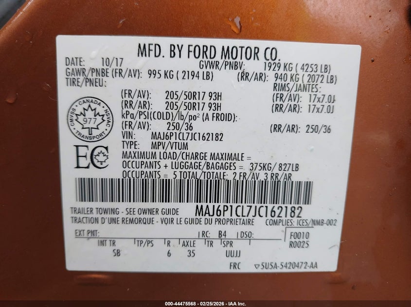 2018 Ford Ecosport VIN MAJ6P1CL7JC162182 IAAI salvage auction — FRONT END, Clear (Indiana), sold $3,800 on 2026-07-07 (photo 9)