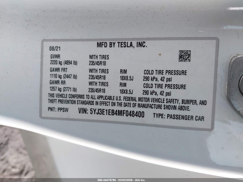 2021 Tesla Model 3 VIN 5YJ3E1EB4MF048400 IAAI salvage auction — FRONT END, Salvage Title, sold $6,300 on 2026-07-17 (photo 9)