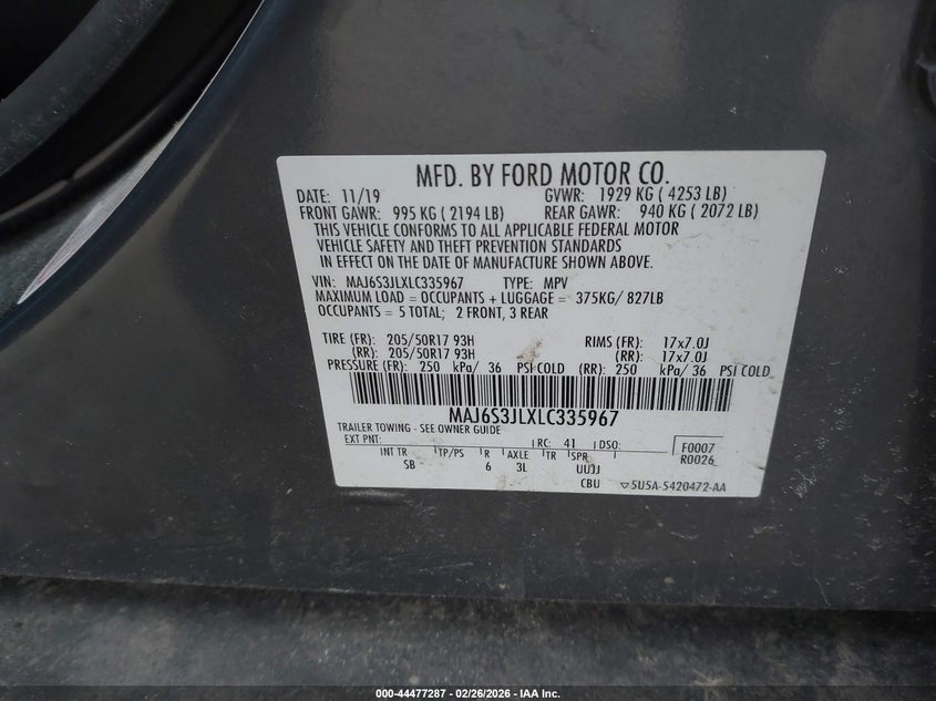 2020 Ford Ecosport VIN MAJ6S3JLXLC335967 IAAI salvage auction — LEFT REAR, Salvage Title, sold $1,050 on 2026-07-16 (photo 9)