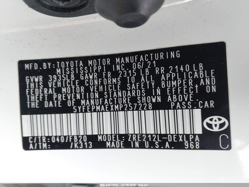 2021 Toyota Corolla VIN 5YFEPMAEXMP257228 IAAI salvage auction — FRONT END, Salvage Title, sold $4,400 on 2026-07-31 (photo 9)